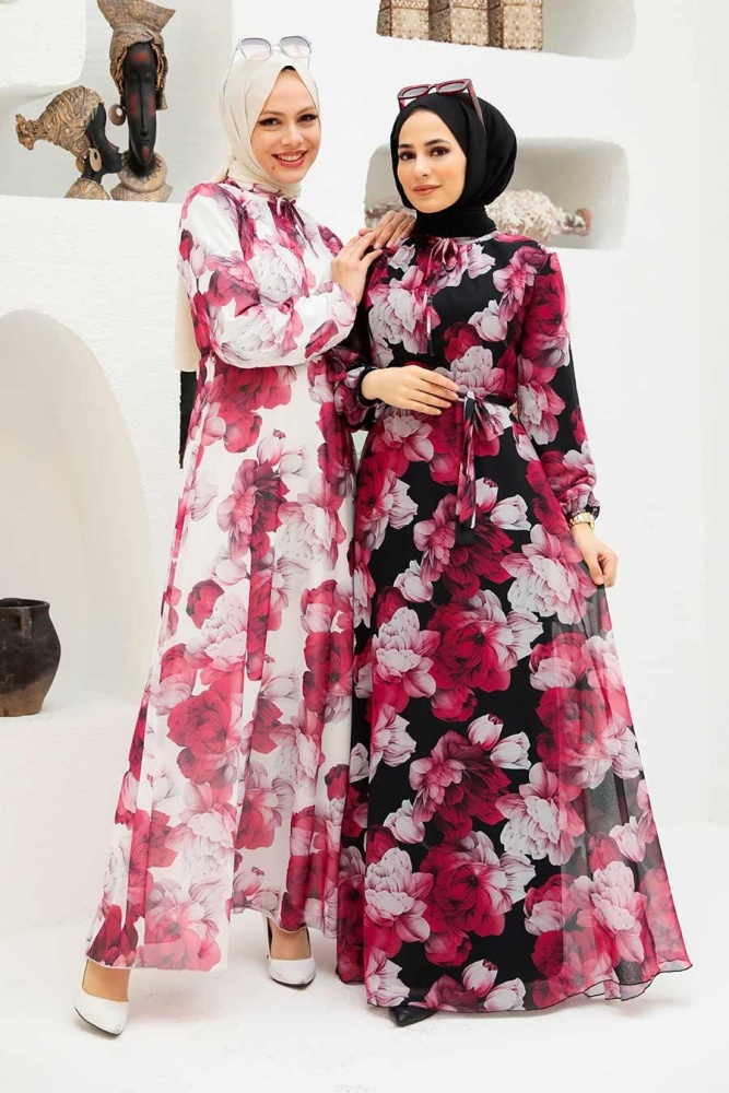 Neva Style - Çiçek Desenli Siyah Tesettür Elbise 279054S - 2