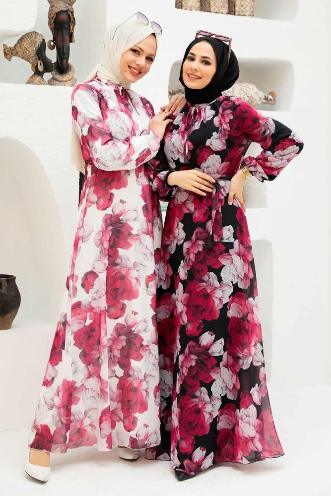 Neva Style - Çiçek Desenli Siyah Tesettür Elbise 279054S - 4