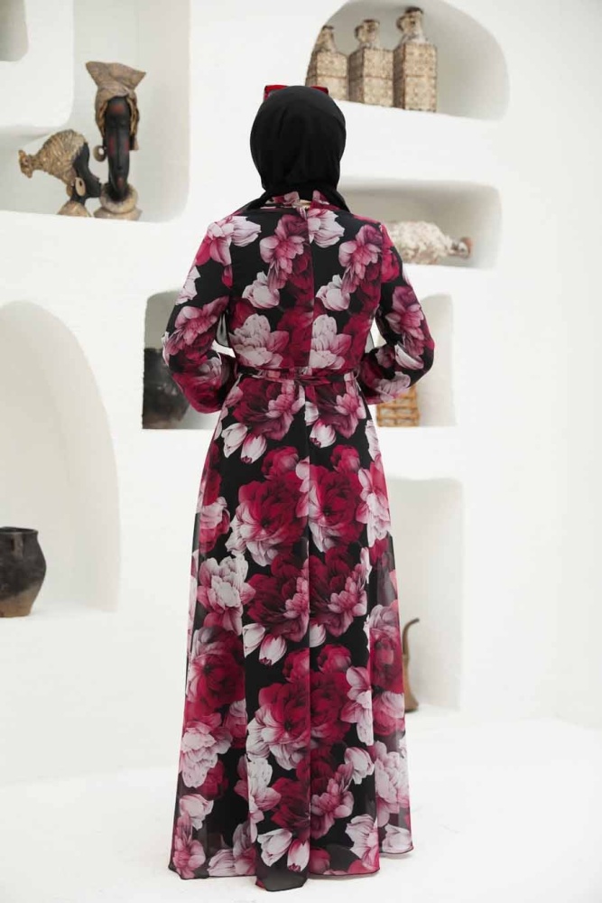 Neva Style - Çiçek Desenli Siyah Tesettür Elbise 279054S - 5