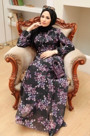 Neva Style - Çiçek Desenli Siyah Tesettür Elbise 279061S - Thumbnail