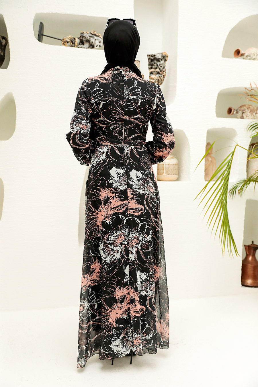Neva Style - Çiçek Desenli Siyah Tesettür Elbise 279070S