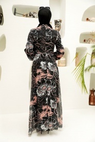 Neva Style - Çiçek Desenli Siyah Tesettür Elbise 279070S - Thumbnail