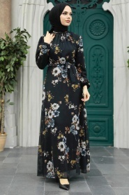 Neva Style - Çiçek Desenli Siyah Tesettür Elbise 279078S - Thumbnail