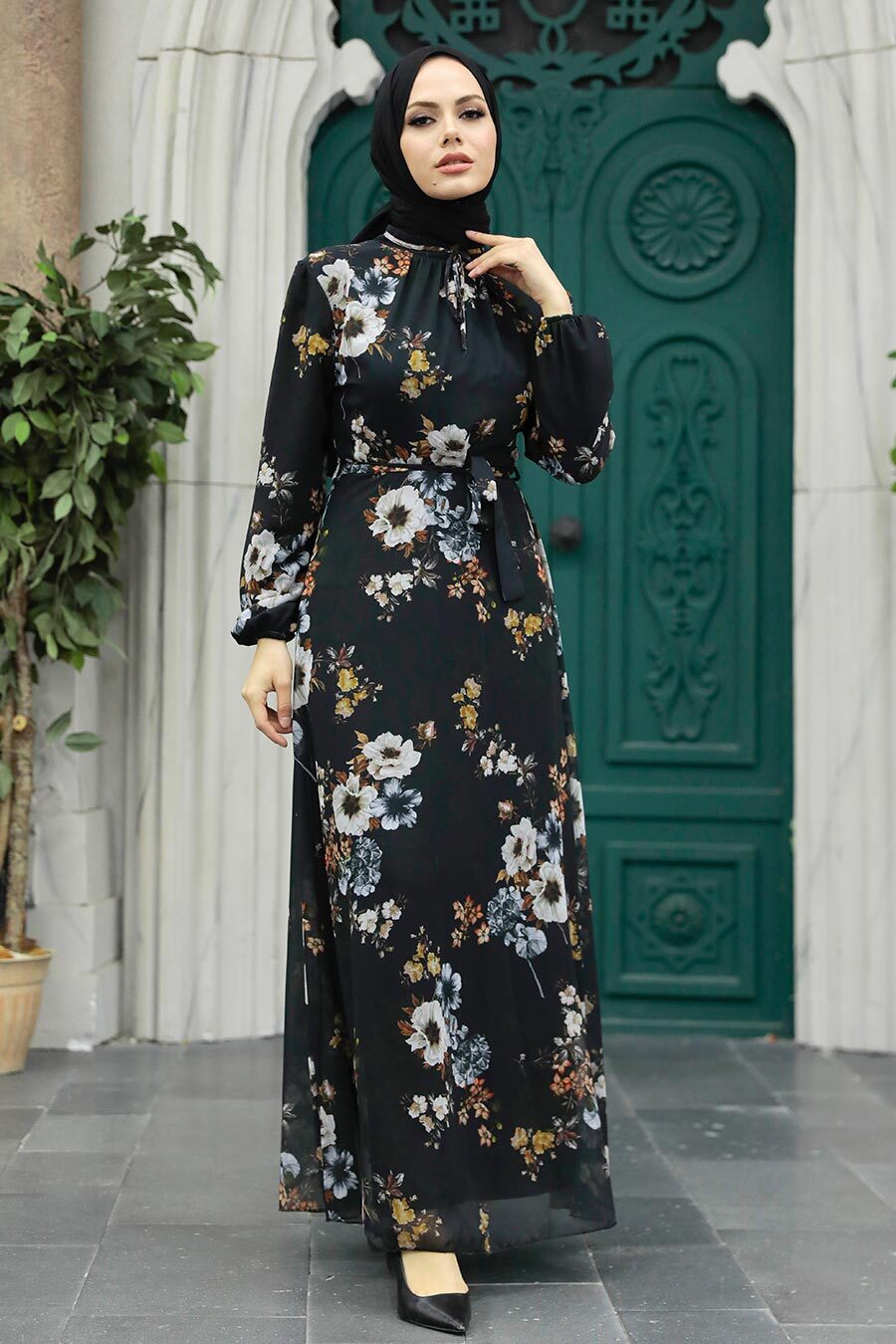 Neva Style - Çiçek Desenli Siyah Tesettür Elbise 279078S
