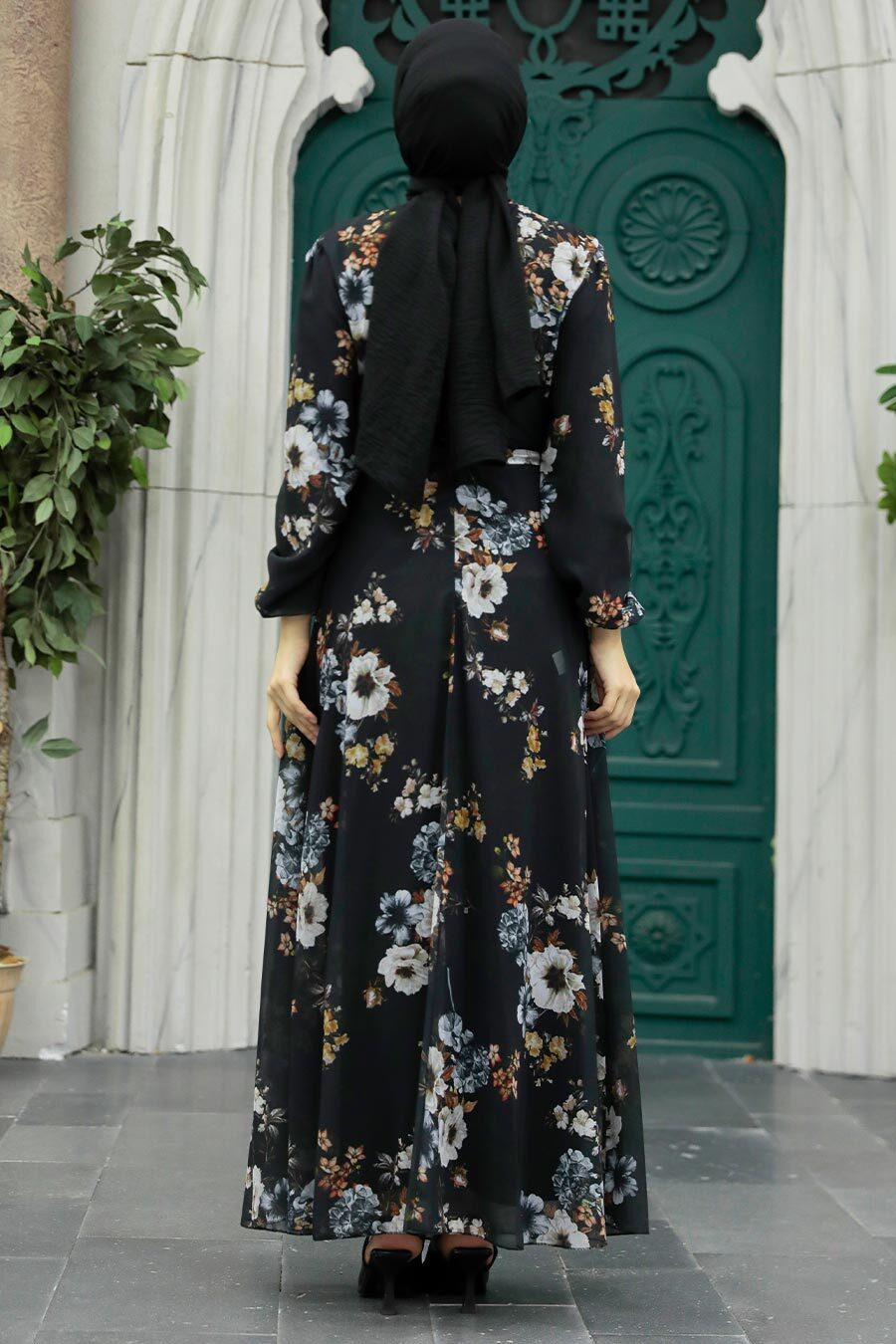 Neva Style - Çiçek Desenli Siyah Tesettür Elbise 279078S