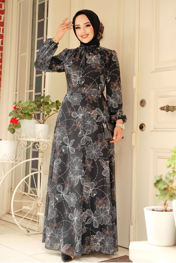 Neva Style - Çiçek Desenli Siyah Tesettür Elbise 279079S - 2