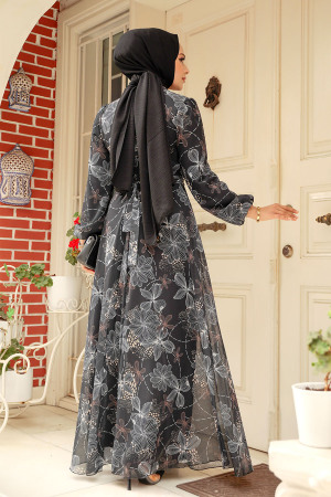 Neva Style - Çiçek Desenli Siyah Tesettür Elbise 279079S - 3