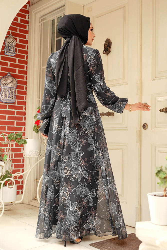 Neva Style - Çiçek Desenli Siyah Tesettür Elbise 279079S - 3
