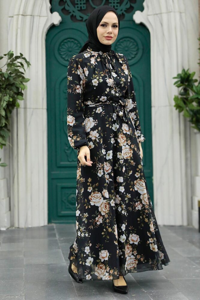  Çiçek Desenli Siyah Tesettür Elbise 279080S - 1
