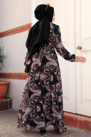 Neva Style - Çiçek Desenli Siyah Tesettür Elbise 279081S - Thumbnail