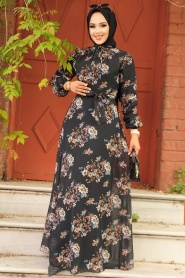 Neva Style - Çiçek Desenli Siyah Tesettür Elbise 279082S - Thumbnail