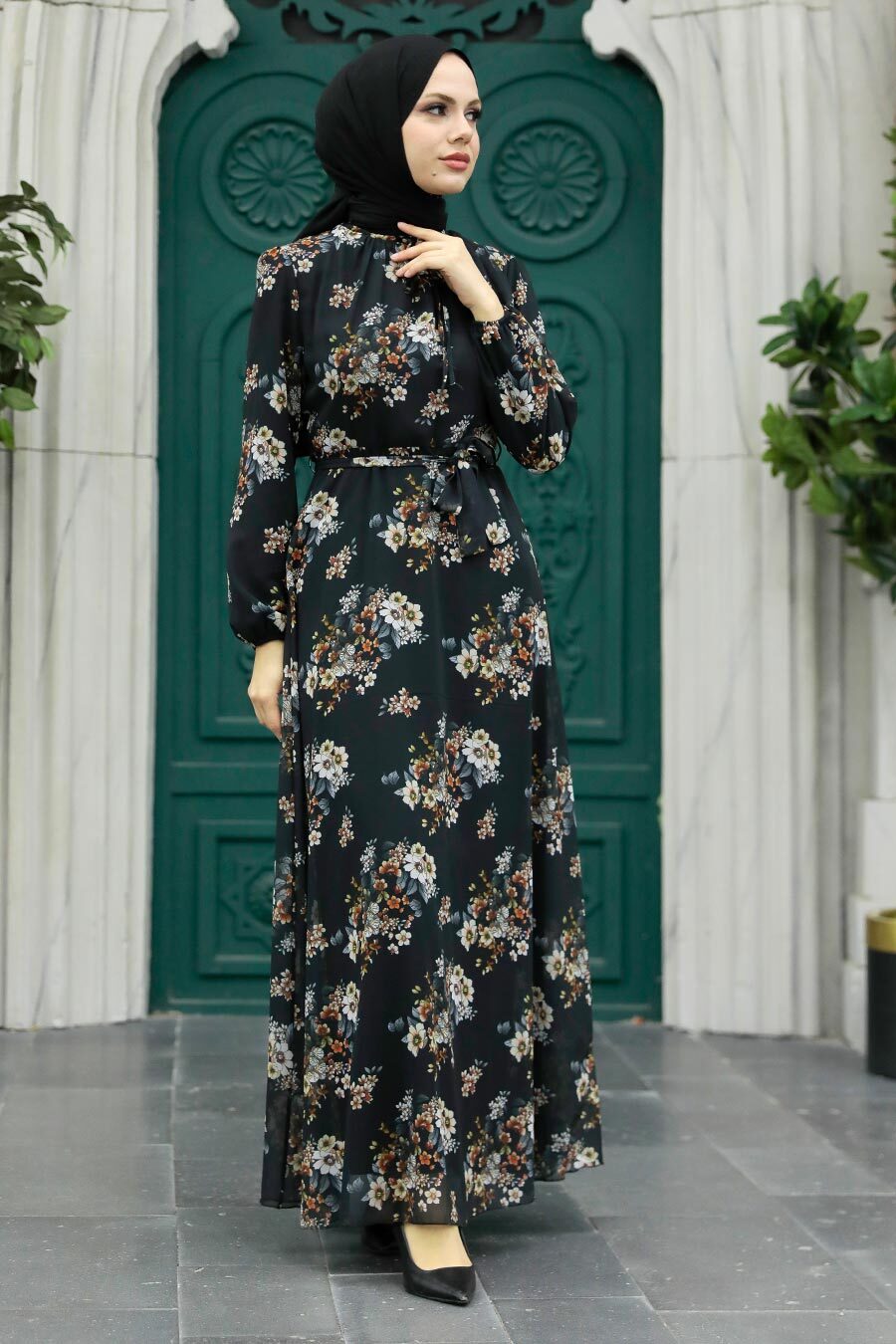 Neva Style - Çiçek Desenli Siyah Tesettür Elbise 279082S