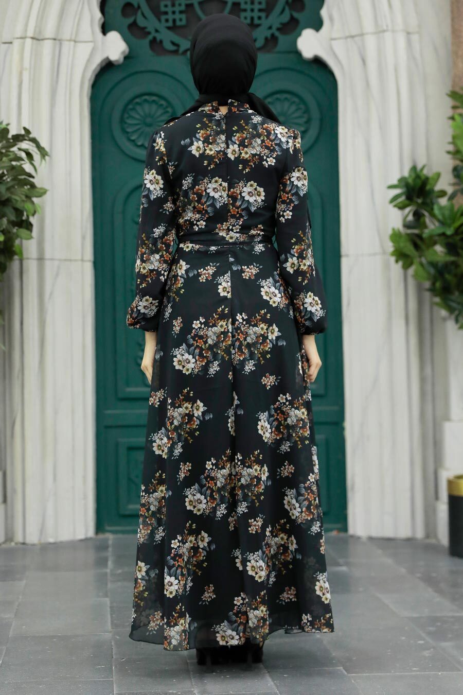 Neva Style - Çiçek Desenli Siyah Tesettür Elbise 279082S
