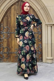 Neva Style - Çiçek Desenli Siyah Tesettür Elbise 279083S - Thumbnail