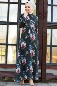 Neva Style - Çiçek Desenli Siyah Tesettür Elbise 2790S - Thumbnail