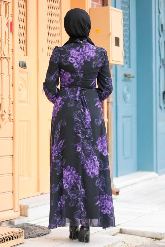 Neva Style - Çiçek Desenli Siyah Tesettür Elbise 27921S - 2