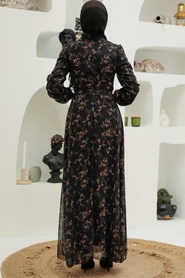 Neva Style - Çiçek Desenli Siyah Tesettür Elbise 27923S - Thumbnail