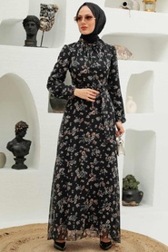 Neva Style - Çiçek Desenli Siyah Tesettür Elbise 27924S - Thumbnail