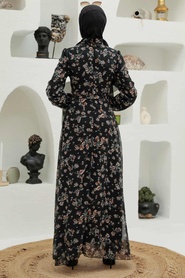 Neva Style - Çiçek Desenli Siyah Tesettür Elbise 27924S - Thumbnail