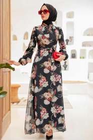 Neva Style - Çiçek Desenli Siyah Tesettür Elbise 27926S - Thumbnail