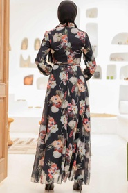 Neva Style - Çiçek Desenli Siyah Tesettür Elbise 27926S - Thumbnail