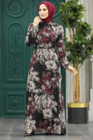 Neva Style - Çiçek Desenli Siyah Tesettür Elbise 279318S - Thumbnail