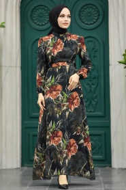 Neva Style - Çiçek Desenli Siyah Tesettür Elbise 27932S - Thumbnail