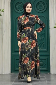 Neva Style - Çiçek Desenli Siyah Tesettür Elbise 27932S - Thumbnail