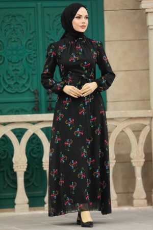 Neva Style - Çiçek Desenli Siyah Tesettür Elbise 27935S - 1