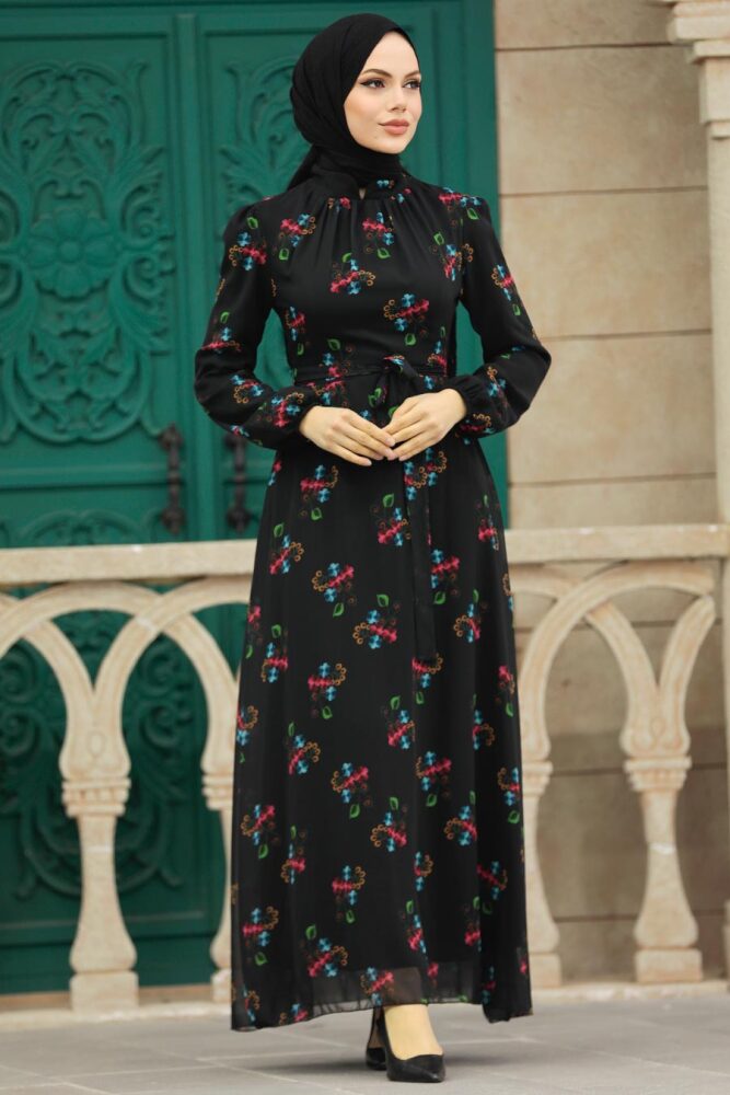 Neva Style - Çiçek Desenli Siyah Tesettür Elbise 27935S - 1