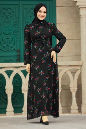 Neva Style - Çiçek Desenli Siyah Tesettür Elbise 27935S - 2