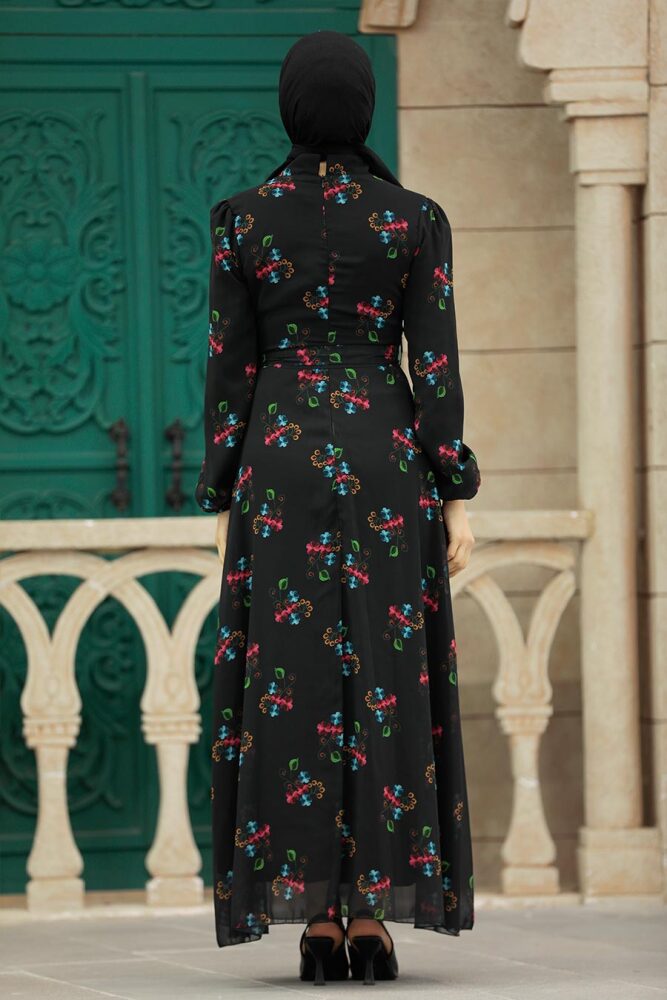 Neva Style - Çiçek Desenli Siyah Tesettür Elbise 27935S - 3