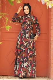 Neva Style - Çiçek Desenli Siyah Tesettür Elbise 27936S - Thumbnail