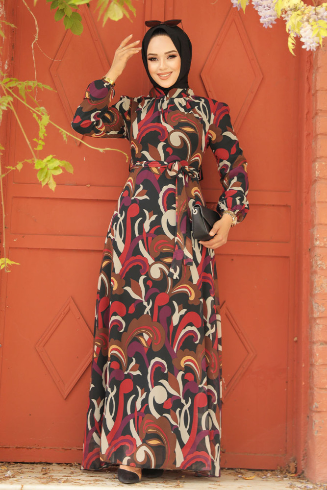 Neva Style - Çiçek Desenli Siyah Tesettür Elbise 27936S - 1