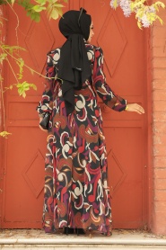 Neva Style - Çiçek Desenli Siyah Tesettür Elbise 27936S - Thumbnail