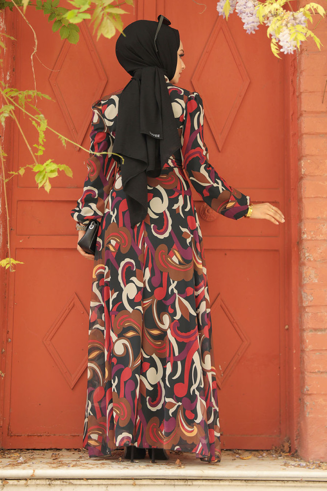 Neva Style - Çiçek Desenli Siyah Tesettür Elbise 27936S - 2