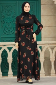 Neva Style - Çiçek Desenli Siyah Tesettür Elbise 27937S - Thumbnail