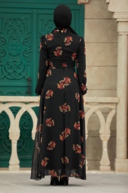 Neva Style - Çiçek Desenli Siyah Tesettür Elbise 27937S - Thumbnail