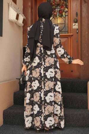 Neva Style - Çiçek Desenli Siyah Tesettür Elbise 27939S - 3