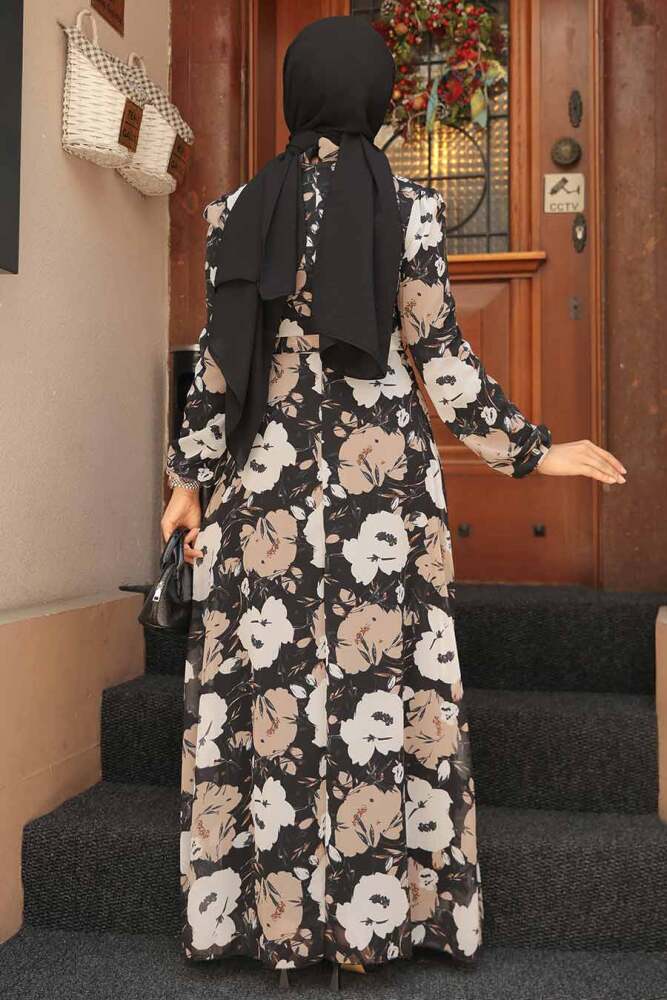 Neva Style - Çiçek Desenli Siyah Tesettür Elbise 27939S - 3