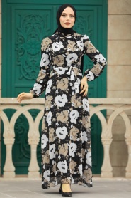 Neva Style - Çiçek Desenli Siyah Tesettür Elbise 27939S - Thumbnail