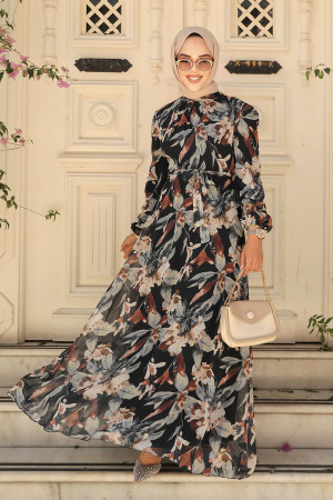 Neva Style - Çiçek Desenli Siyah Tesettür Elbise 27941S - 1