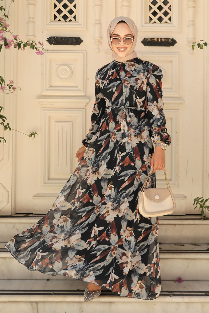 Neva Style - Çiçek Desenli Siyah Tesettür Elbise 27941S - 1