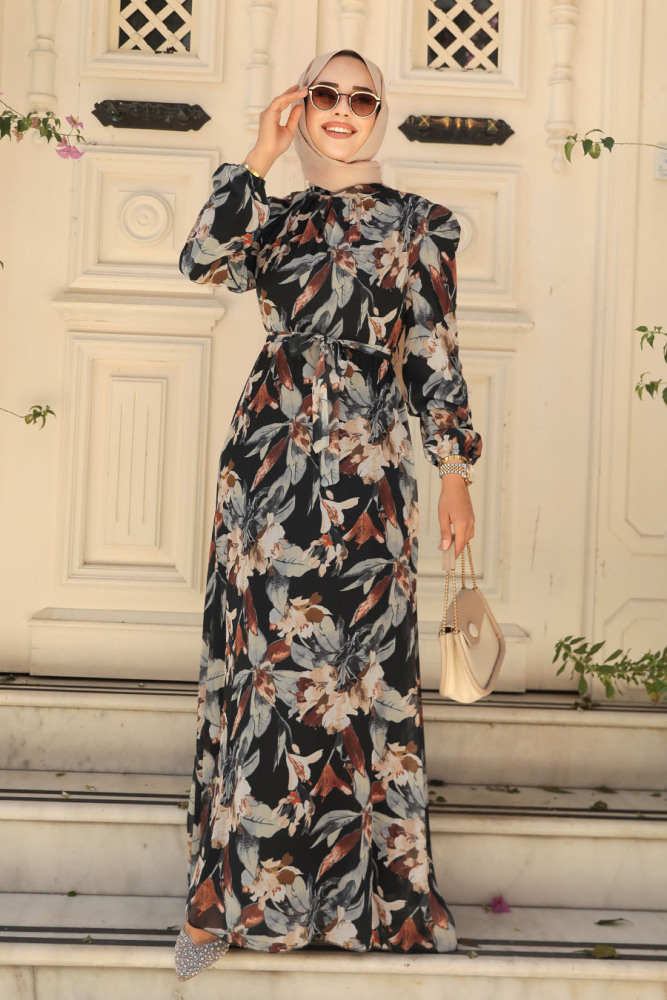 Neva Style - Çiçek Desenli Siyah Tesettür Elbise 27941S - 2