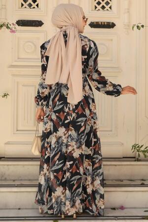 Neva Style - Çiçek Desenli Siyah Tesettür Elbise 27941S - 3