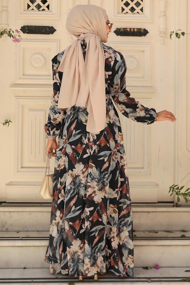 Neva Style - Çiçek Desenli Siyah Tesettür Elbise 27941S - 3