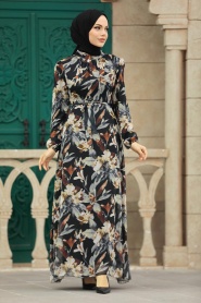 Neva Style - Çiçek Desenli Siyah Tesettür Elbise 27941S - Thumbnail