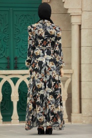 Neva Style - Çiçek Desenli Siyah Tesettür Elbise 27941S - Thumbnail