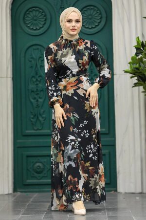 Neva Style - Çiçek Desenli Siyah Tesettür Elbise 27942S - 2