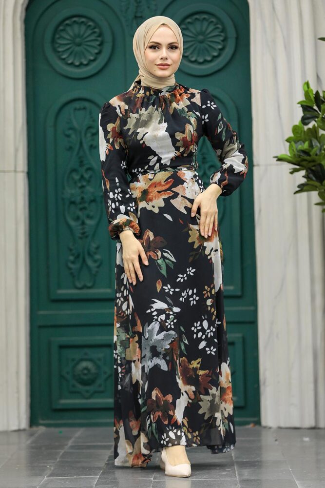 Neva Style - Çiçek Desenli Siyah Tesettür Elbise 27942S - 2
